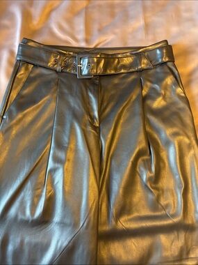 High-Rise Wide Leg Faux Leather Belted Pants Black